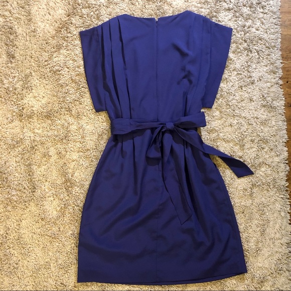 Eliza J Pleated Crepe Belted Lined Dress with Pockets. zip back. Indigo color. - Picture 3 of 8